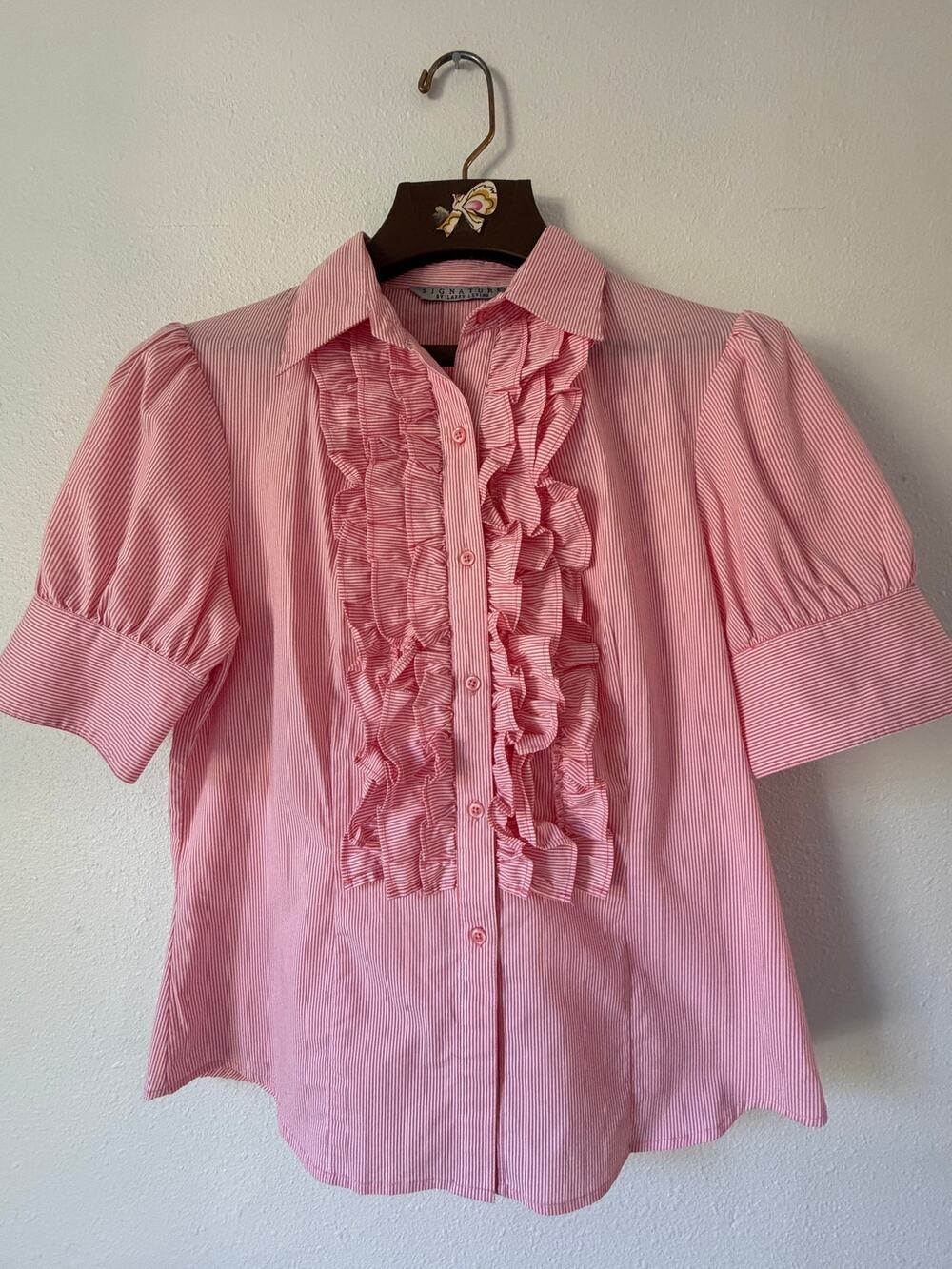 Signature by Larry Levine Red White Striped Short Sleeve Button Up Preppy Ruffle